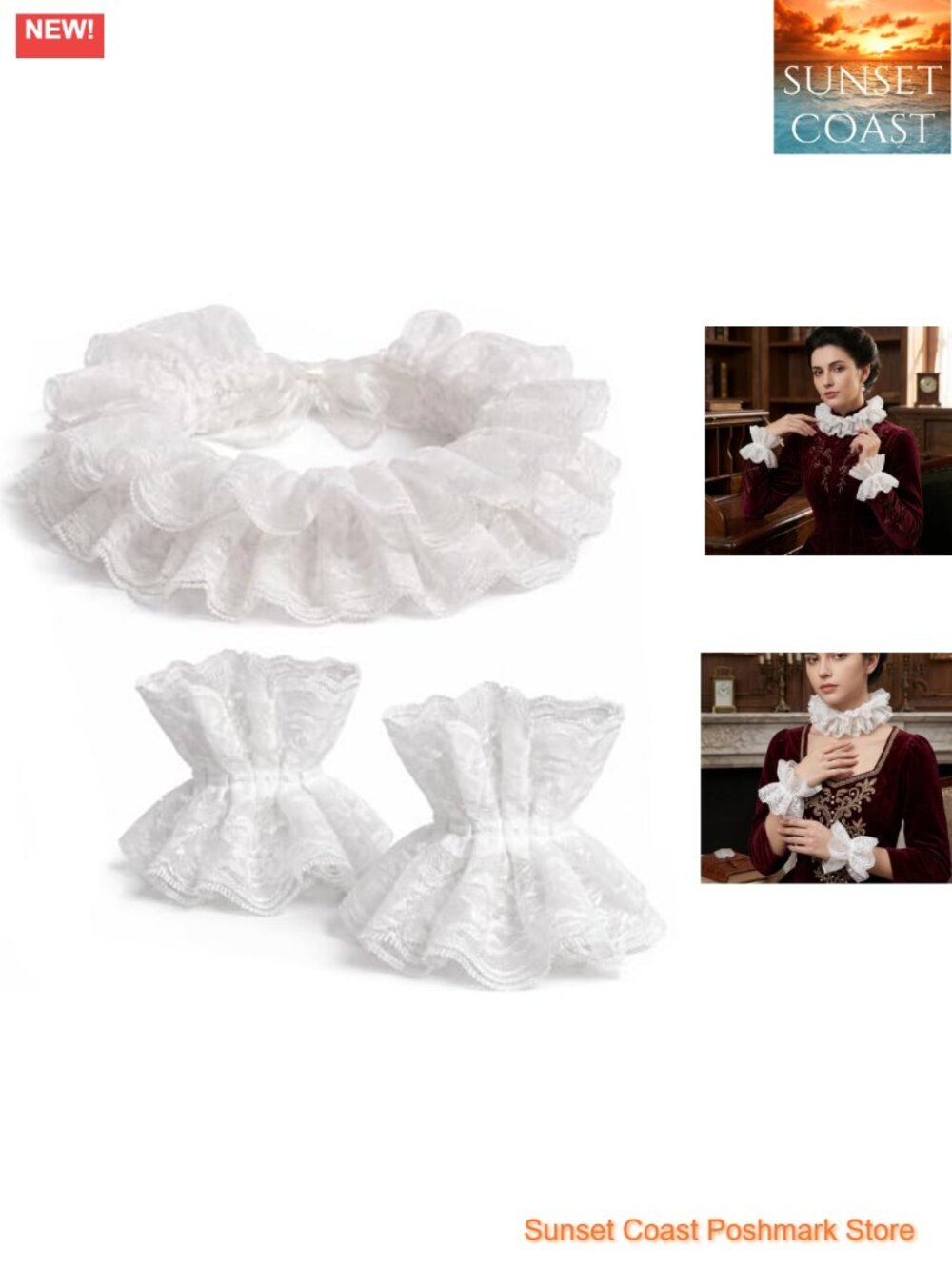 Victorian Lace Neck Ruffle Collar & Cuffs Set Costume Accessories